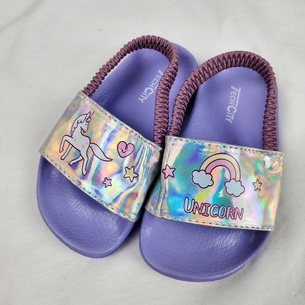Girls Size 10-11 Kids Unicorn Sandals with Strap Slip-On Silver Iridescent Color